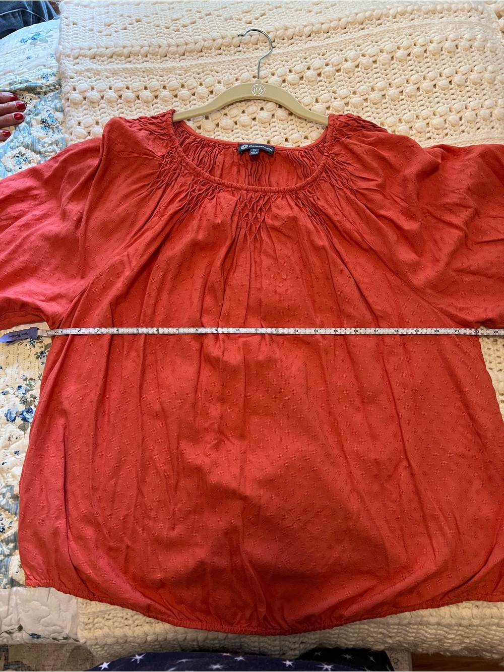Democracy Coral Smocked Neck Peasant Blouse - Picture 7 of 13